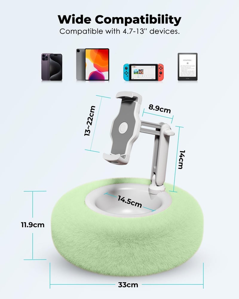 Viozon Tablet Stand Pillow, Compatible with 4.7"-13" Phone/Tablet, iPad, iPhone, Samsung, Google, Kindle, 360°Adjustable Phone Holder for Bed with Soft Plush Fabric, and Detachable Bowl, Green - Image 3